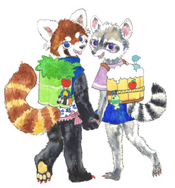 anthro backpack black_body black_fur black_nose blue_eyes blush bottomwear brown_body brown_fur claws clothed clothing duo feet female food fruit fur grey_body grey_fur hand_holding looking_at_viewer markings open_mouth open_smile pawpads pink_blush pink_tongue plant purple_eyes rear_view red_claws shirt simple_background skirt smile snout striped_markings striped_tail stripes tail tail_markings tongue tongue_out topwear walking white_background young young_anthro kyokyota ailurid mammal procyonid raccoon red_panda 2018 hi_res painting_(artwork) pen_(artwork) traditional_media_(artwork) traditional_painting_(artwork) traditional_watercolor_(artwork) watercolor_(artwork)