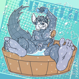5_fingers 5_toes abstract_background anthro armpit_hair bathing body_hair brush brushing brushing_fur bubble ear_piercing eyes_closed feet fingers foot_fetish foot_focus foreskin frenulum fur genitals glans grey_body grey_fur hair humanoid_feet humanoid_genitalia humanoid_hands humanoid_penis inner_ear_fluff male nipples nude penis piercing plantigrade retracted_foreskin smile soles solo sponge tail toes tuft washtub water wet naudiz_(artist) canid canine fox mammal 1:1