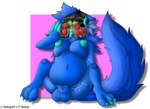 ambiguous_gender animal_genitalia anthro anthro_pred balls belly belly_overhang big_belly big_breasts blue_body blue_fur blue_nipples blue_skin blue_tongue breasts claws content_smile duo fluffy fluffy_ears fluffy_hair fluffy_tail forced fully_sheathed fur genitals green_body green_fur gynomorph hair huge_breasts intersex long_hair looking_pleasured machine neck_bulge nipples nude onomatopoeia open_mouth open_smile paws pleased protogen_visor same_size_vore satisfied sheath simple_background smile solo_focus sound_effects tail text thick_thighs tongue vore sokoyo_owo starry starry_(sokoyo_owo) watermelon_(sokoyo_owo) protogen hi_res