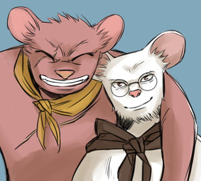 anthro duo eyes_closed eyewear glasses hug male pink_nose scar simple_background white_body tak_shiba_pf air_bound gamba_no_bouken_(series) grayson_(air_bound) rusty_(air_bound) mammal murid murine rat rodent 2015 low_res
