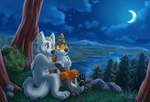 anthro duo fur lake light male male/male moon moonlight mountain night romantic romantic_couple white_body white_fur oggythefox shadel_fox wolfdog_whitewolf canid canine canis fox hybrid mammal red_fox true_fox wolf wolfdog