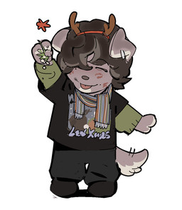 ambiguous_gender anthro antler_headband blep bottomwear brown_hair chibi clothing ear_piercing ear_ring eyes_closed floppy_ears fluffy fluffy_tail footwear grey_body grey_skin hair hair_over_eye highlights_(coloring) kiss_mark long_sleeve_shirt mistletoe motion_lines pants piercing plant ring_piercing scarf shirt shoes short_hair simple_background smile solo t-shirt tail tongue tongue_out topwear white_highlights ddcrushh dylan_(ddcrushh) canid canine mammal digital_drawing_(artwork) digital_media_(artwork) trans_(lore) trans_man_(lore)
