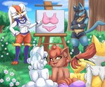 anthro blue_body blue_fur bra breasts brown_body brown_fur clothed clothing collar detailed_background easel eyelashes female fur group humor inner_ear_fluff lesson outside plant shrub sky spikes spikes_(anatomy) teaching tuft underwear white_body white_fur yellow_body yellow_fur saikyoryuuougi nintendo pokemon alolan_form alolan_vulpix braixen cinderace generation_1_pokemon generation_4_pokemon generation_6_pokemon generation_7_pokemon generation_8_pokemon lucario pokemon_(species) regional_form_(pokemon) vulpix 2022