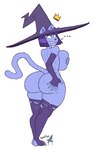 anthro big_breasts big_butt biped breasts butt clothing female fur hair hat headgear headwear holding_breast legwear mostly_nude simple_background solo standing teeth thick_thighs thigh_highs white_background witch_hat robotjoe cat_witch_(smekbo) domestic_cat felid feline felis mammal hi_res