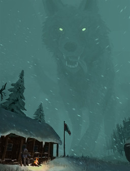 ambiguous_gender black_body black_fur building dark duo feral fur glowing glowing_eyes gun house macro ranged_weapon rifle snow teeth tongue weapon infectedcanine canid canine canis human mammal wolf