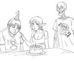 birthday_cake bone cake candle clothing dessert female food hat headgear headwear humanoid_pointy_ears male party_hat pointy_ears shirt simple_background skeleton text text_on_clothing text_on_shirt text_on_topwear topwear baalbuddy neon_genesis_evangelion rei_ayanami canid canine elf human humanoid mammal english_text hi_res monochrome