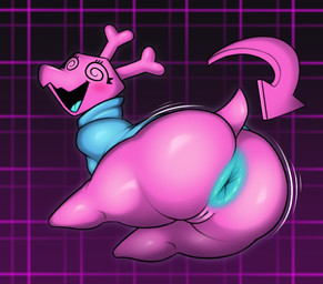 anus armless arrow_pointing_to_anus big_anus big_butt blue_anus blue_tongue bottomless butt butt_focus clothed clothing directional_arrow female looking_at_viewer partially_clothed pink_body presenting presenting_anus presenting_hindquarters shortstack shortstack_female simple_background small_vulva smile smiling_at_viewer solo spiral spiral_eyes tail teal_anus teal_tongue tongue enresty deltarune undertale_(series) darkner virovirokun hi_res