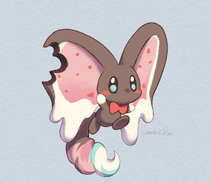alternate_color alternate_form ambiguous_gender big_ears biped blush blush_stickers bow_tie bow_tie_only brown_body candy chocolate dessert dipstick_tail featureless_crotch feral food gloves_(marking) grey_background markings mostly_nude mouthless notched_ear pink_body simple_background solo tail tail_markings teal_body teal_eyes three-quarter_view white_body kamabokobun kirby_(series) nintendo elfilin alien chinchilla chinchillid food_creature mammal rodent starling_(kirby) 2022 digital_drawing_(artwork) digital_media_(artwork) english_description full-length_portrait hi_res portrait signature male_(lore)