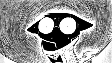 ambiguous_gender anthro black_body bodily_fluids bow_tie clothing coat duo eyewear glasses ill lab_coat scared sweat topwear vomit wide_eyed dragonweirdo gytras_(dragonweirdo) domestic_cat felid feline felis mammal 16:9 hi_res monochrome widescreen