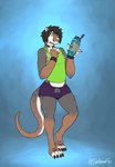 2021 absurd_res anthro beaux_(acolath) beverage bottomwear clothing english_text femboy hi_res holding_beverage holding_object male mammal mustelid otter shirt shorts simple_background solo standing tank_top text theneonfox topwear