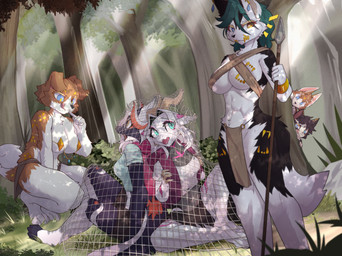 anthro big_breasts blue_eyes bra breasts caught_in_the_act cheek_tuft clothed clothing confusion ear_piercing ear_ring facial_tuft female forest forest_background fur fur_markings group heterochromia jewelry kneeling markings melee_weapon nature nature_background navel partially_clothed paws piercing plant polearm ring_piercing shocked spear tail tongue tongue_out trapped tree tuft underwear weapon ricky945 canid canine felid feline mammal hi_res