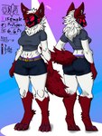 3:4 anthro belt bottomwear claws clothing crop_top female fluffy front_view fur hi_res machine model_sheet multicolored_body multicolored_fur ona_(retrohnd) protogen rear_view red_body red_claws red_eyes red_fur retrohnd shirt shorts solo standing tail topwear two_tone_body two_tone_fur white_body white_fur