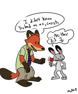anthro axe barefoot bottomwear clothed clothing dialogue dipstick_ears dipstick_tail duo ear_markings featureless_crotch feet fully_clothed fur gloves_(marking) grey_body grey_fur holding_object holding_weapon leg_markings male markings melee_weapon multicolored_ears multicolored_tail necktie nude orange_body orange_fur pants shirt simple_background size_difference socks_(marking) speech_bubble standing style_emulation tail tail_markings text toony topwear weapon white_background thatmoosewithabigcaboose disney sam_and_max zootopia judy_hopps nick_wilde canid canine fox lagomorph leporid mammal rabbit red_fox true_fox crossover english_text hi_res
