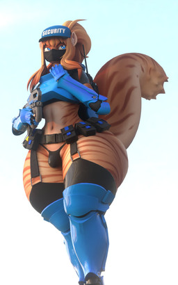 abstract_background anthro armor armored_boots backpack baseball_cap belt big_butt big_tail bloom blue_armor blue_eyes boots bracers brown_body buckle bulge butt clothed clothing crop_top femboy footwear front_view g-string gauntlets glistening glistening_armor glistening_eyes gloves gun hair hair_between_eyes handwear hat headgear headwear huge_butt huge_hips huge_tail huge_thighs inner_ear_fluff legwear long_hair low-angle_view male mask navel p90 ponytail pouches ranged_weapon security security_guard shirt shoes skimpy small_bulge small_waist solo squirrel_ears squirrel_tail striped_body stripes submachine_gun tactical_gear tail thick_thighs thigh_boots thigh_highs topwear trigger_discipline tuft underwear weapon wide_hips daft_lad mammal rodent sciurid tree_squirrel 2025 3d_(artwork) 5:8 digital_media_(artwork) hi_res