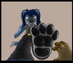 4_toes anthro barefoot belt black_border black_nose black_pawpads blue_body blue_fur blue_hair border bottomwear breasts c0nnerc00n chest_tuft close-up clothing denim denim_bottomwear denim_clothing disembodied_hand duo feet female first_person_view foot_focus fur grey_background grin hair hindpaw jeans looking_at_viewer low-angle_view manki on_one_leg pants pawpads paws perspective plantigrade rape_face shirt simple_background small_breasts smile soles solo_focus standing teeth toes topwear tuft unknown_species worm's-eye_view yellow_eyes