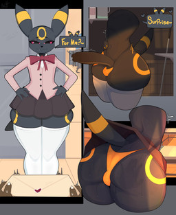 4_fingers anthro ball_bulge big_butt big_penis black_body black_fur black_nose bodily_fluids bottomwear bow_ribbon butt circumcised clothed clothing cum erection eyebrows femboy fingers fur genital_fluids genitals half-closed_eyes hand_on_hip humanoid_genitalia humanoid_penis leaking_cum legwear male mouth_closed narrowed_eyes penis pink_clothing pink_eyes pink_topwear question_mark skirt solo spank_marks speech_bubble sweat sweaty_butt tail text thick_thighs thong topwear underwear upskirt white_clothing white_legwear wide_hips yellow_clothing yellow_thong yellow_underwear 1danielscott nintendo pokemon eeveelution generation_2_pokemon pokemon_(species) umbreon 2025 absurd_res digital_drawing_(artwork) digital_media_(artwork) english_description english_text hi_res