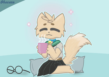 anthro bell bell_collar bottomwear clothed clothing collar crop_top crossdressing eyewear femboy fluffy glasses male school_uniform shirt sitting skirt solo tail topwear uniform kecuxa canid canine fox mammal hi_res