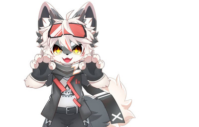 4_fingers :3 anthro belt biped chest_tuft claws clothing coat eyewear eyewear_on_head fangs fingerless_gloves fingers fluffy fluffy_tail front_view fur gloves goggles goggles_on_head grey_body grey_fur hair handwear inner_ear_fluff kemono looking_at_viewer male multicolored_body multicolored_fur neck_tuft open_:3 open_mouth open_smile pawpads paws print_clothing print_shirt print_topwear raised_paw scarf shirt simple_background smile solo sparkles sparkling_eyes standing tail teeth text text_on_clothing text_on_shirt text_on_topwear topwear tuft two_tone_body two_tone_fur white_background white_body white_fur white_hair yellow_eyes zipper hlg7777 zinosama canid canine canis domestic_dog hybrid mammal wolf wolfdog 2023 chinese_text digital_drawing_(artwork) digital_media_(artwork) shaded