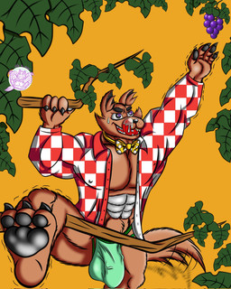 3_toes 4_fingers abs anthro big_bulge black_pawpads bow_tie brown_body brown_fur bulge checkered checkered_clothing checkered_shirt checkered_topwear claws climbing_tree clothed clothing countershading detailed_bulge feet fingers food fruit fruit_tree fur genital_outline grape green_clothing green_jockstrap green_underwear holding_branch jockstrap licking licking_lips licking_own_lips logo male muscular muscular_anthro muscular_male open_clothing open_shirt open_topwear orange_background pattern_clothing pattern_shirt pattern_topwear pawpads penis_outline plant polka_dot_bow_tie reaching_for_object reflection_in_eyes shirt simple_background solo tail tail_motion tailwag toe_claws toes tongue tongue_out topwear tree tremble_lines underwear white_body white_countershading yellow_bow_tie vektorthedrakat(artist) aesop's_fables monica's_gang the_fox_and_the_grapes mcfox_(monica's_gang) canid canine fox mammal 2021 artist_logo digital_drawing_(artwork) digital_media_(artwork) hi_res portuguese_description
