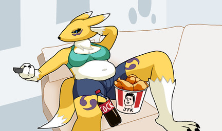 anthro belly beverage_bottle big_belly big_breasts black_sclera blue_eyes bottle bottomwear bra breasts chicken_wings claws clothing container denim denim_bottomwear denim_clothing denim_shorts dipstick_ears dipstick_tail ear_markings female fur fur_markings fur_tuft furniture humor kfc_bucket lying lying_on_sofa markings muffin_top multicolored_body multicolored_ears navel on_sofa overweight overweight_anthro overweight_female profanity shirtless_female shorts simple_background slightly_chubby slightly_chubby_anthro slightly_chubby_female soda_bottle sofa solo tail tail_markings tuft underwear watching_television white_belly yellow_body mrtea bandai_namco coca-cola digimon kfc john_f._kennedy canid canine digimon_(species) fox mammal renamon hi_res
