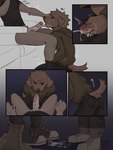 anthro biped black_nose bodily_fluids bottomless clothed clothing cum cum_in_mouth cum_inside cum_string cumshot cute_fangs directional_arrow duo ejaculation erection fangs fingers fur genital_fluids genitals glans grey_body grey_fur humanoid_genitalia humanoid_penis male male/male penis tail tan_body tan_fur tan_tail teeth topwear sgguzz canid canine canis domestic_dog mammal 3:4 absurd_res comic hi_res