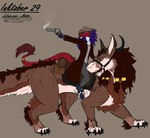 anthro blue_eyes brown_body brown_fur claws clothing coat duo female feral fur gear gun hair handgun horn looking_aside male open_mouth piercing purple_hair ranged_weapon revolver riding saddle saddle_bag tail topwear weapon western yellow_eyes hunamarts inktober azai_(hunam) rose_(hunam) felkin hybrid sergal