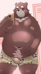 2024 anthro bear belly big_belly blush brown_body cellphone clothing electronics hi_res kemono male mammal menmen_kesinn moobs navel nipples overweight overweight_male phone smartphone solo underwear