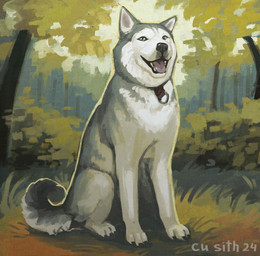 ambiguous_gender black_body black_claws black_fur breath claws curled_tail feral forest_background fur gradient_fur grass grey_body grey_fur highlights_(coloring) looking_at_viewer open_mouth panting plant solo tail tala_(hige10) teeth white_body white_fur kuarsith canid canine canis domestic_dog husky mammal nordic_sled_dog spitz 2024 digital_media_(artwork) digital_painting_(artwork) painting_(artwork) signature