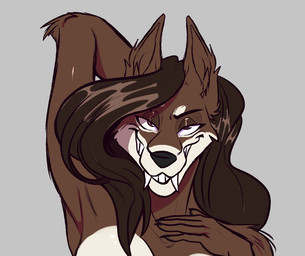 5_fingers anthro arm_tuft bedroom_eyes biped black_claws black_nose breasts brown_body brown_eyes brown_fur brown_hair claws clothed clothing countershade_torso countershading eyebrows facial_markings fangs female fingers front_view fur grey_background hair half-closed_eyes hand_behind_head hand_on_chest head_markings humanoid_hands inner_ear_fluff long_hair looking_at_viewer markings medium_breasts multicolored_body multicolored_fur muzzle_(marking) narrowed_eyes pose raised_eyebrow sabertooth_(anatomy) seductive simple_background smile snout snout_markings solo tan_body tan_countershading tan_fur teeth topless tuft two_tone_body two_tone_fur ryarik dizzie canid canine canis mammal wolf 2017 aliasing bust_portrait digital_media_(artwork) portrait