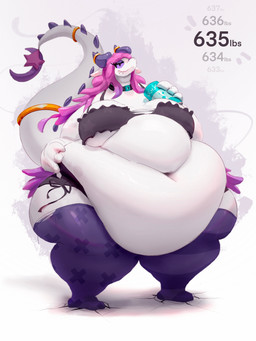 4_fingers accessory anthro belly belly_folds beverage beverage_can big_belly biped black_collar black_text blue_horn bottomwear can clothed clothed_anthro clothed_female clothing collar container cracked_ground cracks crescent_moon crop_top deep_navel eyelashes eyeshadow female female_anthro fingers furgonomics hair holding_beverage holding_can holding_container holding_object horn hotpants huge_belly imperial_unit jewelry legwear long_hair long_tail makeup moon morbidly_obese morbidly_obese_anthro morbidly_obese_female navel number obese obese_anthro obese_female overweight overweight_anthro overweight_female pink_hair purple_clothing purple_crop_top purple_eyeshadow purple_legwear purple_sclera purple_shirt purple_star purple_stockings purple_thigh_highs purple_topwear raised_tail ring scales sharp_teeth shirt shorts smile smirk snout solo standing star_tail stated_weight stockings tail tail_accessory tail_jewelry tail_ring teeth text thigh_highs tight_clothing topwear torn_clothing torn_legwear torn_stockings torn_thigh_highs weight_gain white_body white_ears white_scales white_tail miluinaoxie mythology dragon mythological_creature mythological_scalie scalie absurd_res better_version_at_paywall hi_res