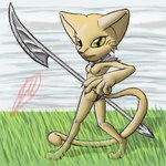 1:1 anthro arche_kruz biped breasts brown_body brown_fur butt chalcara_(character) chibi clothed clothing day digital_media_(artwork) featureless_breasts felid female fur grass halberd low_res mammal melee_weapon outside plant polearm short_snout solo standing tail traces_of_chaos underwear underwear_only weapon