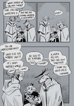 2_horns ambiguous_anthro ambiguous_gender anthro antlers book dialogue grass group holding_book holding_object horn looking_at_another male male_anthro plant text aveloka cult_of_the_lamb don't_starve klei_entertainment massive_monster_(studio) cerva_(aveloka) lamb_(cult_of_the_lamb) shamura_(cult_of_the_lamb) webber arachnid arthropod bovid caprine deer mammal sheep spider 2024 comic digital_drawing_(artwork) digital_media_(artwork) english_text greyscale monochrome