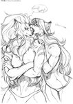 anthro arm_under_breasts blep breasts claws clothing crossed_arms duo female hair hands_on_shoulders licking long_hair looking_back markings navel neck_tuft nipples open_mouth panties simple_background speech_bubble teeth text tongue tongue_out tuft underwear white_background hi-ku canid canine mammal 2019 artist_name english_text hi_res monochrome url