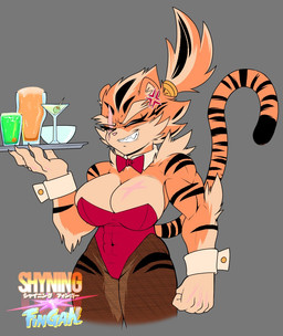 abs alcohol anthro beverage big_breasts bow_tie breasts brown_body cleavage clothed clothing cocktail cocktail_garnish cocktail_glass container cross-popping_vein cuffs_(clothing) cup drinking_glass eye_scar eyes_closed facial_scar female fishnet_clothing fishnet_legwear fist food fruit glass glass_container glass_cup grey_background hair holding_object iconography legwear martini multicolored_body muscular muscular_anthro muscular_arms muscular_female olive_(fruit) orange_body orange_hair plant ponytail scar serving serving_alcohol serving_beverage sharp_teeth shirt_collar shirt_cuffs simple_background smile solo striped_body stripes teeth thick_arms tight_clothing tray unimpressed waiter white_body shyning_fingah taiga_(shyning_fingah) felid leopard mammal pantherine tiger hi_res