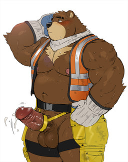 anthro balls bare_chest belly belt biceps biped black_eyebrows black_nose blush bodily_fluids brown_balls brown_body brown_ears brown_fur brown_penis clothed clothing erection eyebrow_scar eyebrow_slit eyebrows facial_scar foreskin fur genitals glans gloves handwear harness humanoid_genitalia humanoid_hands humanoid_penis kemono legwear looking_up male moobs motion_lines musclegut muscular navel nipples orange_clothing orange_topwear orange_vest overweight overweight_male penis penis_harness pink_glans pink_nipples retracted_foreskin safety_vest scar scarf simple_background solo standing sweat topwear vein vest white_background worker yellow_clothing yellow_legwear rossciaco bear mammal 2021 hi_res