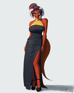anthro big_breasts blue_eyes breasts cleavage clothed clothing countershading dress eyewear female footwear glasses hair high_heels horn looking_at_viewer red_body scales shoes simple_background solo tail ventral_scales yellow_body yellow_countershading conditional_dnp paradoxing mythology minerva_(paradoxing) dragon mythological_creature mythological_scalie scalie 2026 4:5 hi_res signature