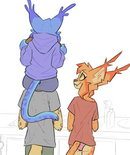 ambiguous_anthro ambiguous_gender anthro blue_body blue_fur blue_tail detailed_background ear_tuft female female_anthro fur group inside looking_at_another markings orange_body orange_fur rear_view spots spotted_body spotted_fur standing tail trio tuft theblueberrycarrots berry_(theblueberrycarrots) carrot_(theblueberrycarrots) milo_(juantriforce) african_wild_dog canid canine felid feline lynx mammal digital_drawing_(artwork) digital_media_(artwork) hi_res