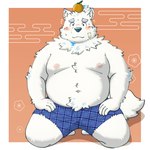 anthro bandage bandage_on_face belly blush boxers_(clothing) clothing eyebrows food fruit fur kneeling male moobs navel nipples orange_(fruit) overweight plant solo thick_eyebrows underwear white_body white_fur yaki_atsuage lifewonders live_a_hero yohack canid canine canis domestic_dog mammal nordic_sled_dog samoyed spitz 1:1 hi_res