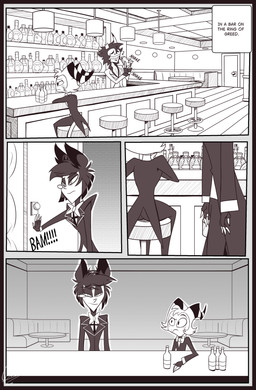 alcohol bar bar_scene bar_stool beverage comic_panel freckled_face freckles furniture group male motion_lines stool tear_trough upset gatojack3 hazbin_hotel hellaverse helluva_boss alastor_(hazbin_hotel) moxxie_(helluva_boss) animal_humanoid deer deer_demon deer_humanoid humanoid imp mammal mammal_humanoid comic hi_res