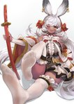 absurd_res amber_eyes animal_humanoid barefoot big_breasts black_body black_skin blush bow_ribbon breasts clothing colored_nails cygames dress ear_piercing erune feet female foot_focus granblue_fantasy hair hi_res huge_breasts humanoid humanoid_feet katana lagomorph lagomorph_humanoid legwear leporid leporid_humanoid long_ears long_hair looking_at_viewer makura_(granblue_fantasy) mammal mammal_humanoid melee_weapon nails one_eye_closed open_mouth pantyhose piercing plantigrade rabbit rabbit_humanoid sahara_(artist) simple_background soles solo sword tan_body tan_skin toes weapon white_hair wink winking_at_viewer