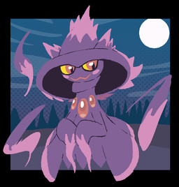 ambiguous_gender black_border blush blush_stickers border chest_gem closed_smile clothing full_moon gem happy hat hat_only headgear headgear_only headwear headwear_only levitation looking_at_viewer moon mostly_nude mouth_closed night not_furry outside plant pupils purple_body purple_clothing purple_hat purple_headwear red_eyes smile solo tree yellow_sclera lizardfungus nintendo pokemon generation_4_pokemon ghost humanoid mismagius pokemon_(species) spirit 2025 aliasing binary_drawing digital_drawing_(artwork) digital_media_(artwork) flat_colors full-length_portrait halftone portrait