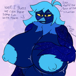anthro areola beak bedroom_eyes big_breasts blue_body blue_fur blue_hair blush blush_lines breast_expansion breasts dark_pupils dialogue erect_nipples expansion exposed_breasts feather_hands feathered_wings feathers female fur hair huge_breasts hyper hyper_breasts long_hair looking_at_viewer muscular muscular_anthro muscular_female narrowed_eyes neck_tuft nipples nude open_mouth seductive simple_background solo teasing teasing_viewer text thick_thighs tongue tuft wide_pupils winged_arms wings yellow_eyes yellow_sclera car_man undertale undertale_(series) undertale_yellow martlet_(undertale_yellow) martlet_(zenith_form) avian bird monster 1:1 digital_media_(artwork) english_text