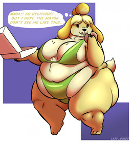 accessory anthro bell bell_accessory belly belly_squish big_belly big_breasts black_eyebrows black_nose black_sclera blonde_hair blue_background breasts chubby_cheeks clothing dessert dialogue doughnut doughnut_box eating eating_doughnut eating_food eyebrows female food green_clothing green_topwear green_underwear hair hair_accessory hairband huge_belly huge_breasts huge_thighs multicolored_body navel obese obese_anthro obese_female overweight overweight_anthro overweight_female pastry red_hairband simple_background smile solo squish tail tan_body tan_tail text thick_thighs thought_bubble three-quarter_view tight_clothing topwear two_tone_body two_tone_tail underwear white_background white_eyes yellow_body yellow_ears yellow_tail lazy_dogg0 animal_crossing nintendo isabelle_(animal_crossing) canid canine canis domestic_dog mammal shih_tzu toy_dog 2026 artist_name colored digital_media_(artwork) english_text hi_res shaded