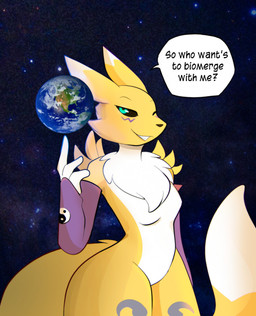 anthro armwear armwear_only black_nose breasts bridal_gauntlets bridal_gauntlets_only clothing dipstick_tail earth extreme_macro featureless_breasts featureless_crotch female fur macro markings mostly_nude one_eye_closed planet space tail tail_markings terra_macro wink world yellow_body yellow_fur kitsunekotaro bandai_namco digimon canid canine digimon_(species) fox mammal renamon hi_res