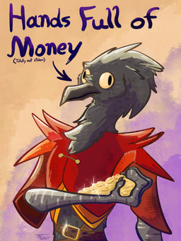 anthro beak belt cloak clothing coin derp_eyes gold_(metal) gold_coin holding_object male solo text yellow_eyes the_foxitect dungeons_and_dragons hasbro wizards_of_the_coast avian kenku absurd_res digital_drawing_(artwork) digital_media_(artwork) english_text hi_res