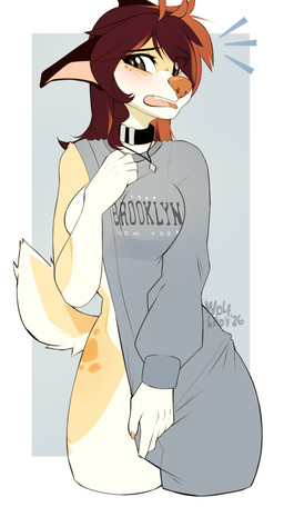 5_fingers anthro biped blush border breasts brown_eyes claws clothed clothed_anthro clothed_female clothing countershade_torso countershading female finger_claws fingers front_view fur hair multicolored_hair open_mouth simple_background solo standing tail tan_body tan_fur tan_tail teeth tongue white_border wolflady brooklyn_sweater meme_clothing danika_(wolflady) canid canine canis domestic_dog mammal 2026 digital_drawing_(artwork) digital_media_(artwork) meme