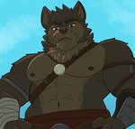 abs anthro bandage bandaged_arm brown_eyes jewelry looking_down male muscular muscular_anthro muscular_male nipples pendant shirtless shirtless_anthro shirtless_male sky solo ghosty_cult far_beyond_the_world_(series) erof_(far_beyond_the_world) canid canine canis mammal wolf