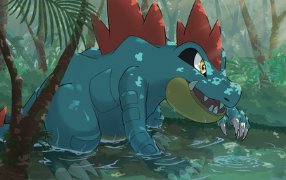 ambiguous_gender armor back_spikes big_mouth_(anatomy) blue_body body_armor claws feral finger_claws head_spikes solo spiked_tail spikes spikes_(anatomy) tail teeth toe_claws tongue water yellow_eyes kurage077 nintendo pokemon feraligatr generation_2_pokemon pokemon_(species)