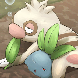 2_fingers ambiguous_feral ambiguous_gender black_eyes blue_body brown_body brown_fur claw_fingers claws dirt duo feral fingers fur half-closed_eyes head_tuft head_turned leaf leaf_in_mouth lying multicolored_body multicolored_fur narrowed_eyes on_front one_eye_closed open_mouth pink_eyelids pink_nose plant pupils red_eyes sleep_bubble tan_body tan_fur tired tuft white_claws white_pupils spicyichizo nintendo pokemon elemental_creature flora_fauna generation_1_pokemon generation_3_pokemon mammal oddish pokemon_(species) slakoth 1:1 2026 absurd_res hi_res shaded