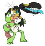 ambiguous_gender amphibian anthro claws duo fan_character feet_first felisdiabolus_(artist) frog generation_3_pokemon kuiperfrog_(character) mawile nintendo oral_vore partially_inside pokemon pokemon_(species) prehensile_tongue same_size_vore simple_background tongue vore white_background wounded
